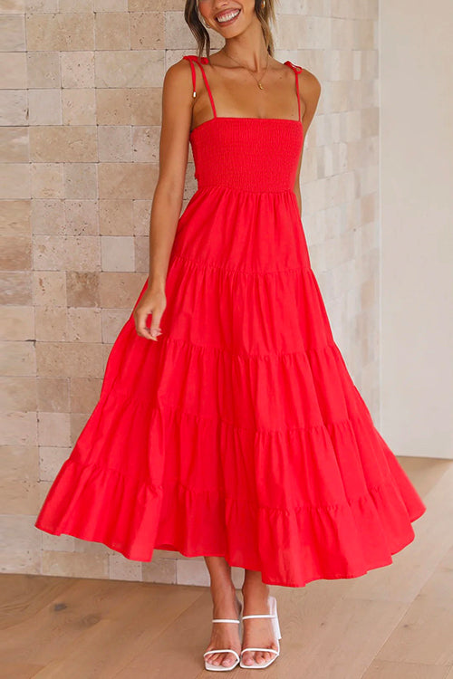 Mixiedress Tie Shoulder Smocked Ruffle Tiered Swing Cami Dress