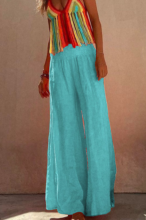 Mixiedress Smocked Elastic Waist Baggy Wide Leg Cotton Linen Pants