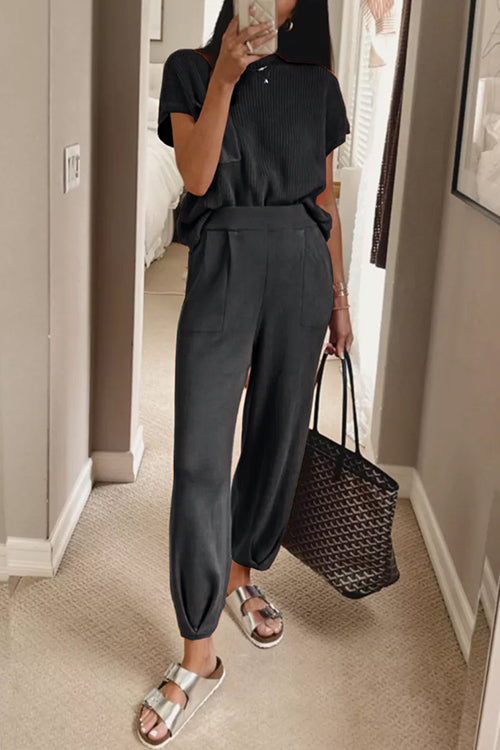 Mixiedress Short Sleeves Ribbed Knit Pullover Ruched Harem Pants Set