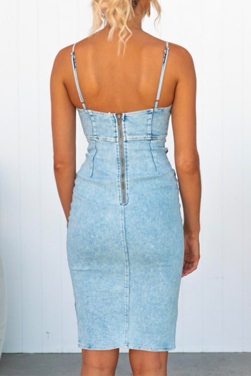 Mixiedress High Waist Slit Distressed Denim Bodycon Cami Dress