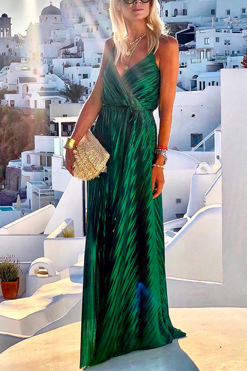 Mixiedress Wrap V Neck Tie Waist Pleated Maxi Cami Party Dress