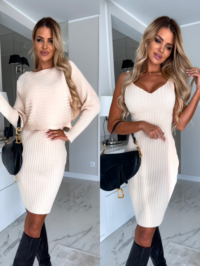 Mixiedress Ribbed Knit Long Sleeves Crop Pullover and Bodycon Cami Dress Set