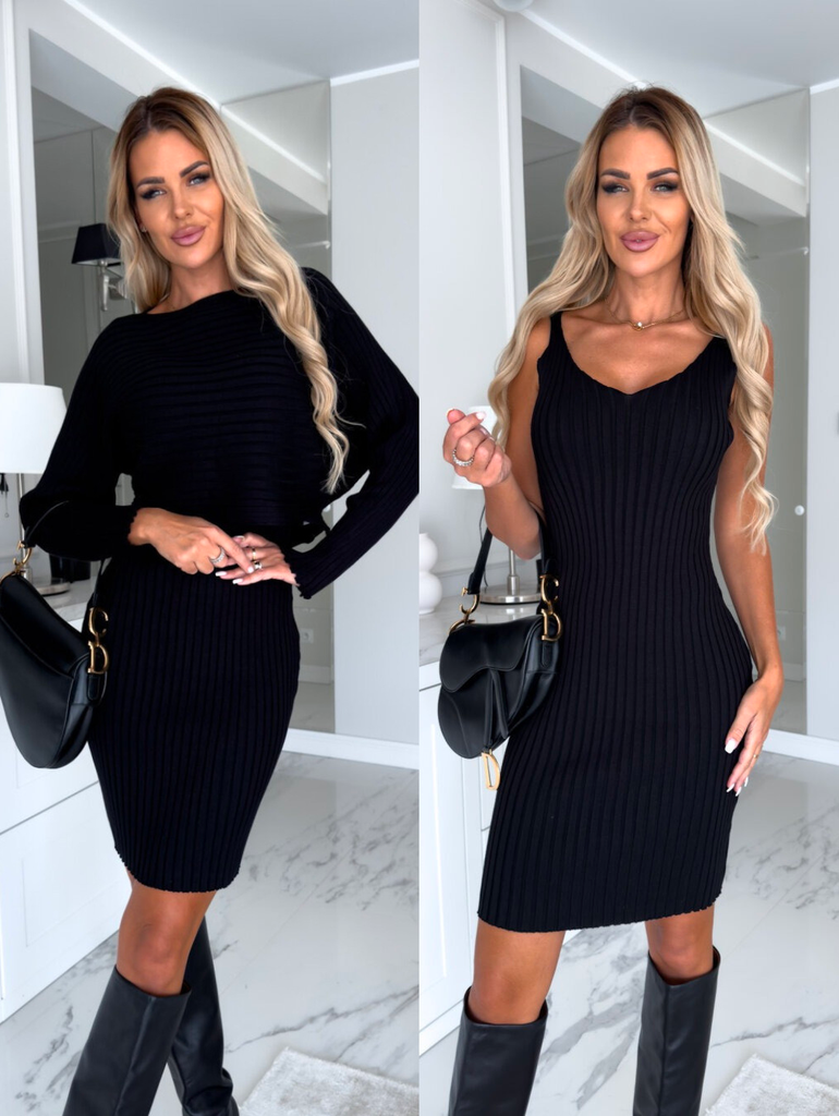 Mixiedress Ribbed Knit Long Sleeves Crop Pullover and Bodycon Cami Dress Set