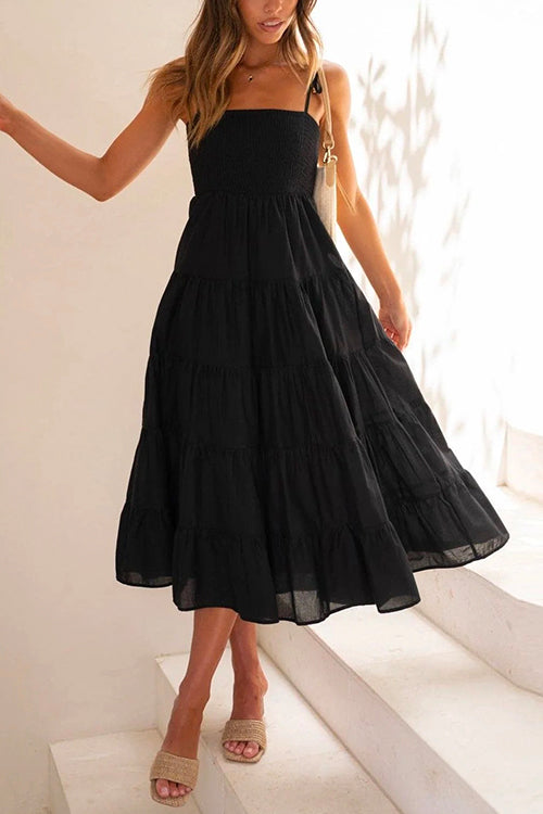 Mixiedress Tie Shoulder Smocked Ruffle Tiered Swing Cami Dress