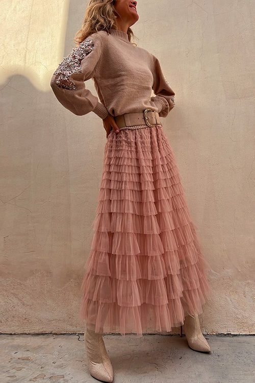 Mixiedress Tulle Layered Ruffle Mesh Maxi Skirt