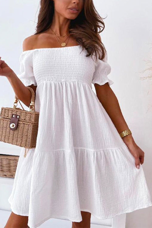 Mixiedress Off Shoulder Short Sleeve Smocked Ruffle Swing Dress