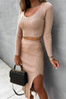 Mixiedress Scoop Neck Crop Top Elastic Waist Slit Midi Skirt Ribbed Knit Set