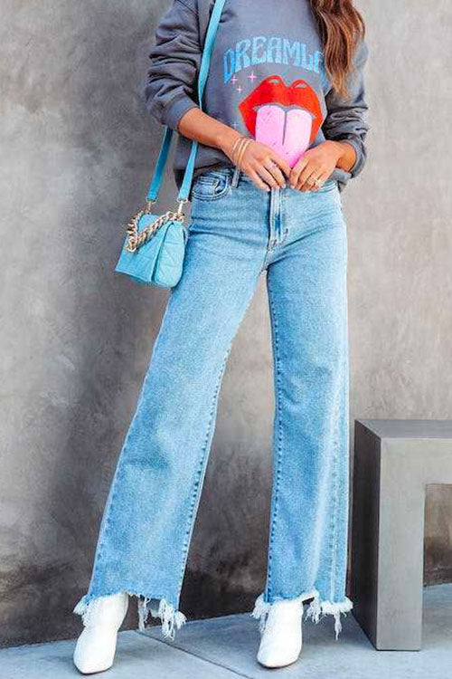 Mixiedress Raw Hem Wide Leg Casual Denim Pants