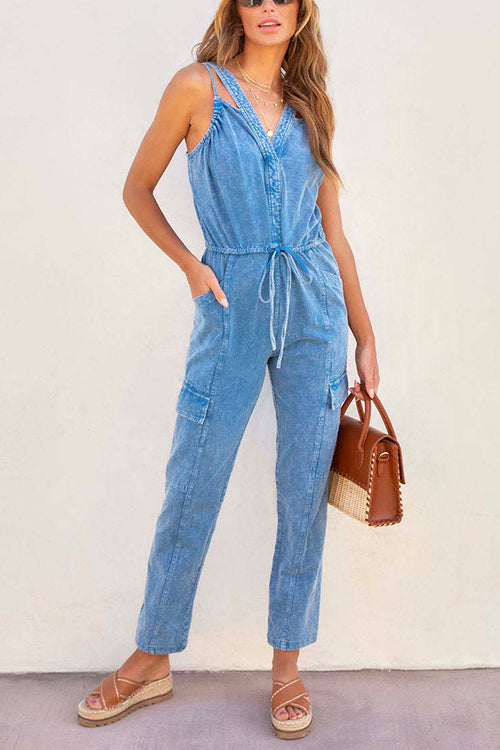 Mixiedress V Neck Drawstring Waist Sleeveless Denim Overall Jumpsuit