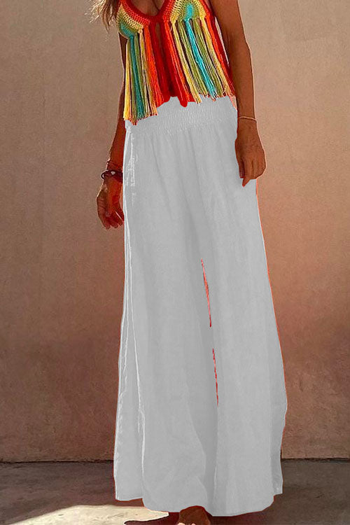 Mixiedress Smocked Elastic Waist Baggy Wide Leg Cotton Linen Pants