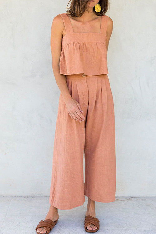 Mixiedress Square Collar Crop Tank Top Wide Leg Pants Cotton Linen Set