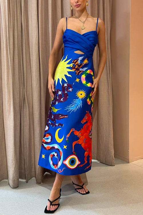 Mixiedress Cross Front Cut Out Unique Printed Satin Cami Dress