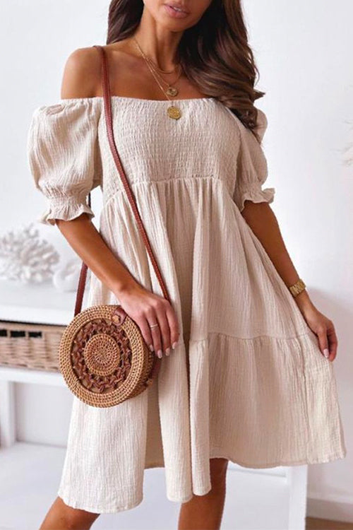 Mixiedress Off Shoulder Short Sleeve Smocked Ruffle Swing Dress