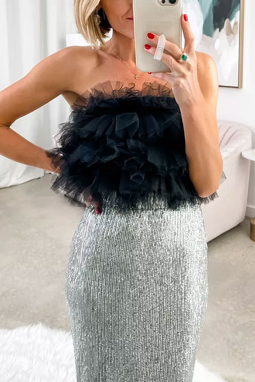 Mixiedress Sweet Ruffle Mesh Crop Tube Top