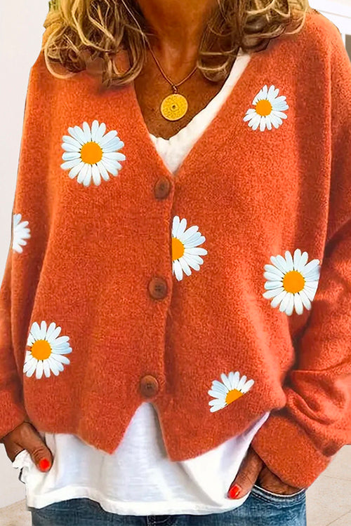 Mixiedress V Neck Button Up Daisy Embroidery Sweater Cardigan