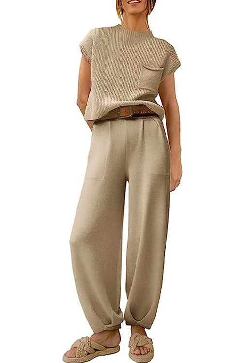 Mixiedress Short Sleeves Ribbed Knit Pullover Ruched Harem Pants Set