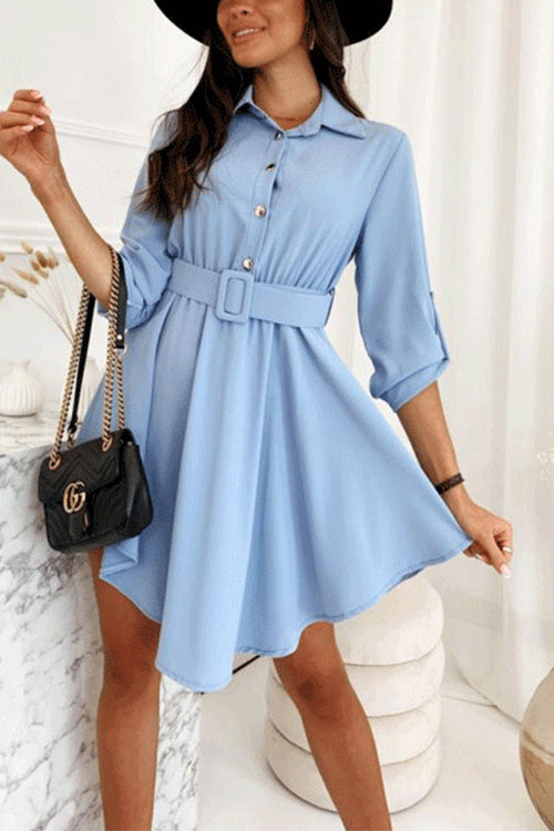 Mixiedress Lapel Rolled Up Sleeve Buttons Belted Swing Dress