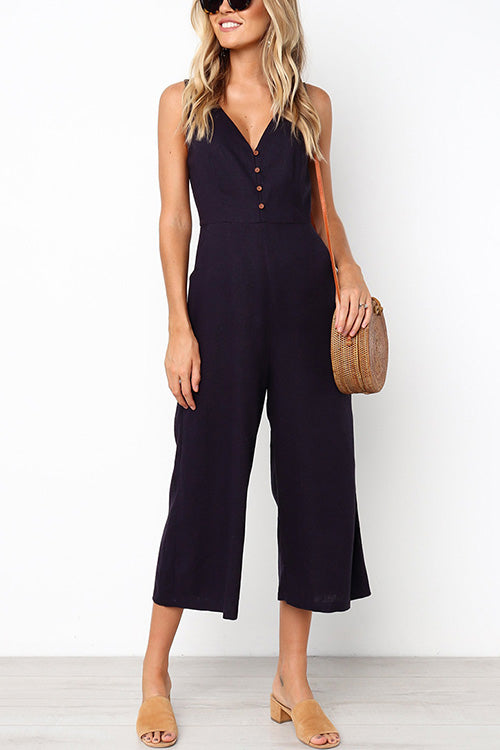 Mixiedress Buttons V Neck Tank Jumpsuit with Pockets