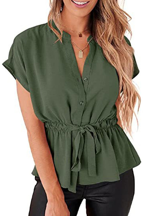 Mixiedress Buttons V Neck Short Sleeve Ruffle Chiffon Top