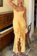 Mixiedress Spaghetti Strap Mesh Splice Draped Ruffle Maxi Dress