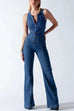 Mixiedress Zip Up Sleeveless Heart Back Bell Bottom Denim Jumpsuit