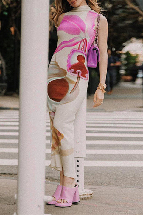 Mixiedress Mockneck Sleeveless Back Slit Floral Print Maxi Dress