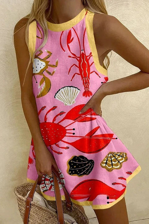 Mixiedress Sleeveless Marine Life Print Mini Beach Dress