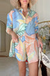 Mixiedress Unique Print Long Sleeves Button Up Shirt and Pocketed Shorts Linen Set