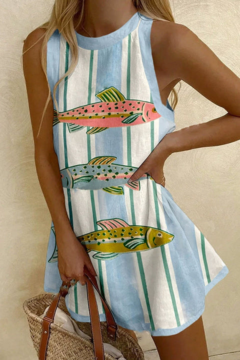Mixiedress Sleeveless Fish Print Striped Casual Mini Dress