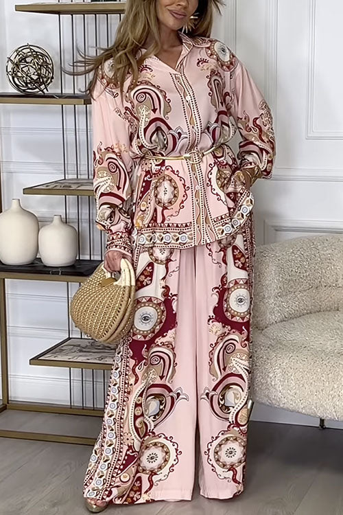 Mixiedress Unique Print Long Sleeves Button Up Shirt and Wide Leg Palazzo Pants Set