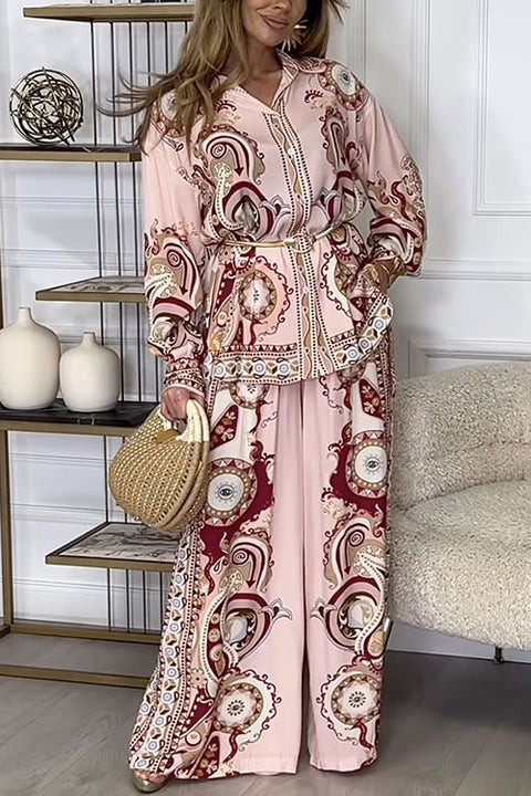 Mixiedress Unique Print Long Sleeves Button Up Shirt and Wide Leg Palazzo Pants Set