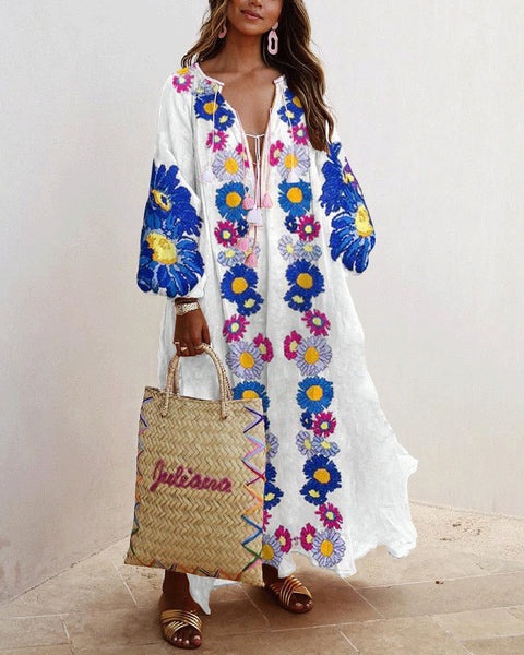 Mixiedress Deep V Neck Puff Sleeves Tassel Floral Maxi Swing Dress