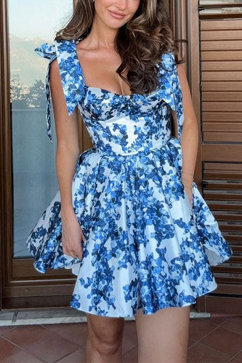 Mixiedress Bow Shoulder Floral Print A-line Mini Cami Dress