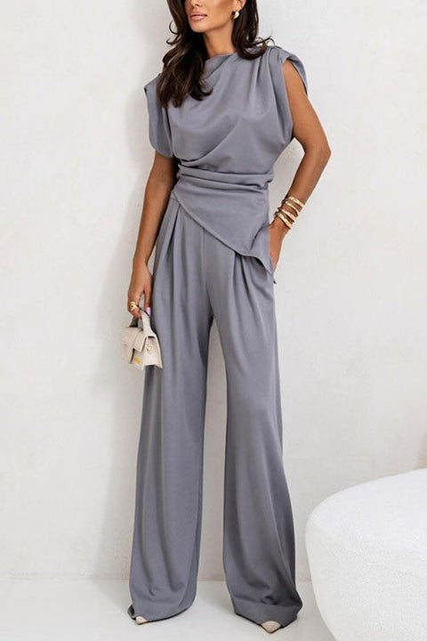 Mixiedress Ruched Asymmetrical Top and Wide Leg Pants Set