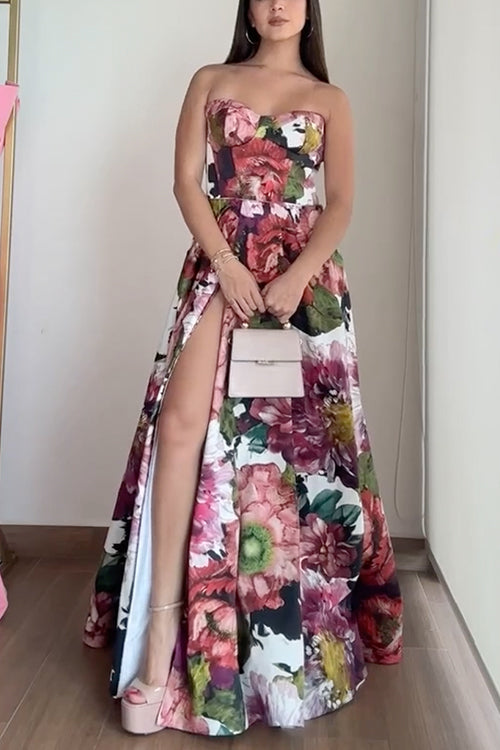 Strapless High Slit Waisted Floral Print Maxi Swing Dress