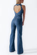Mixiedress Zip Up Sleeveless Heart Back Bell Bottom Denim Jumpsuit