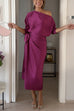 Boat Neck Long Sleeves Tie Knot Waist Slit Satin Midi Dress