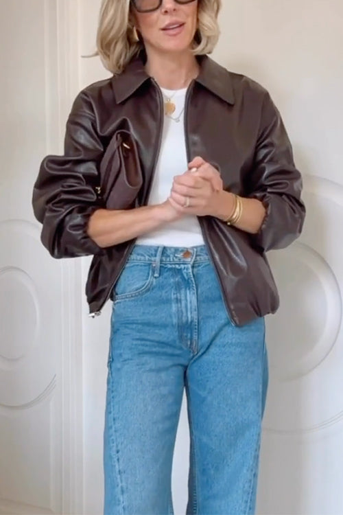 Mixiedress Lapel Zip Up Faux Leather Bomber Jacket