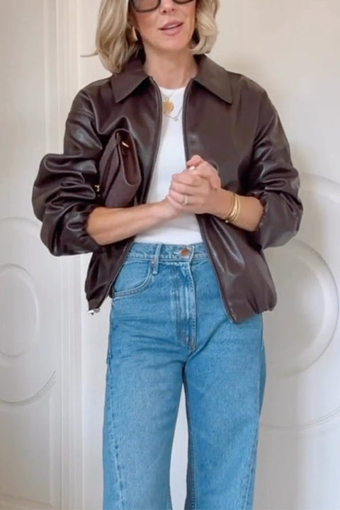 Mixiedress Lapel Zip Up Faux Leather Bomber Jacket