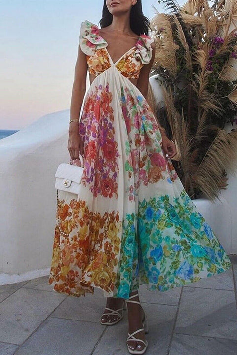 Mixiedress V Neck Open Back Ruffle Trim Color Block Floral Maxi Holiday Dress