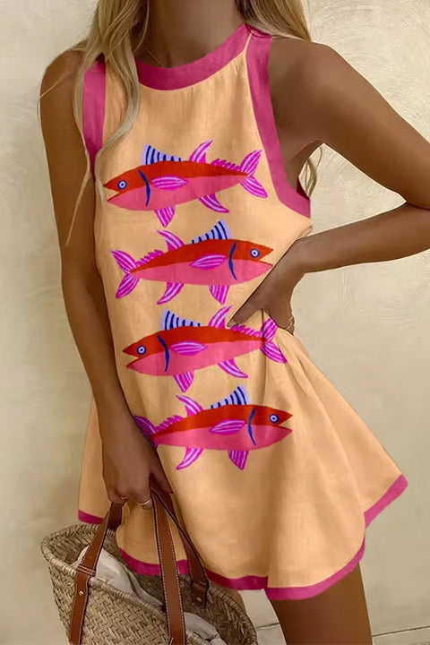 Mixiedress Sleeveless Cartoon Fish Print Color Block Mini Dress