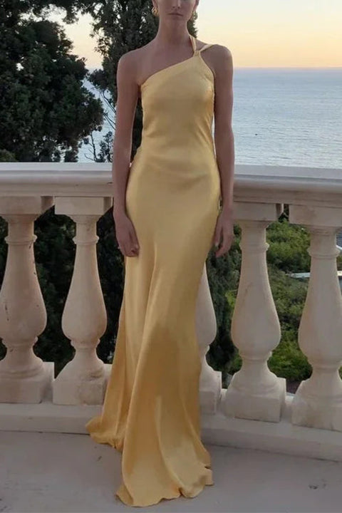 Mixiedress One Shoulder Open Back Tie Knot Satin Maxi Dress