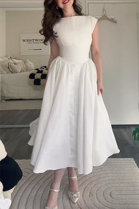 Mixiedress Cap Sleeves Open Back Waisted Swing Midi Dress