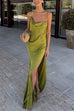 Mixiedress High Slit Back Drape Cascading Satin Maxi Cami Dress