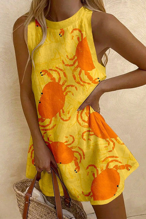 Mixiedress Sleeveless Crab Print A-line Mini Dress
