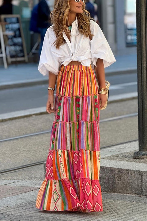 Mixiedress Elastic Waist Ruffle Tiered Color Block Printed Maxi Skirt