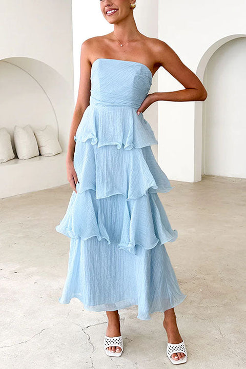 Mixiedress Strapless Empire Waist Ruffle Layered Maxi Dress