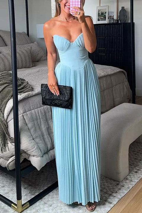 Mixiedress Strapless V Neck Corset Pleated Maxi Dress