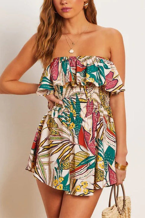 Mixiedress Ruffle Off Shoulder Smocked Waist Printed Mini Dress