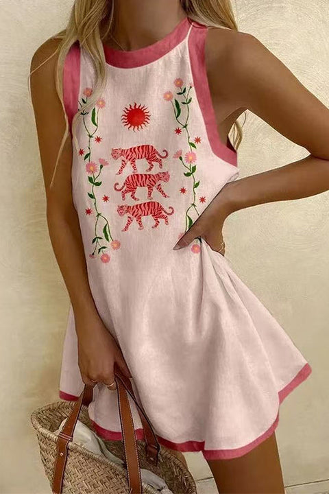 Mixiedress Crewneck Tiger Print Floral Mini Tank Dress